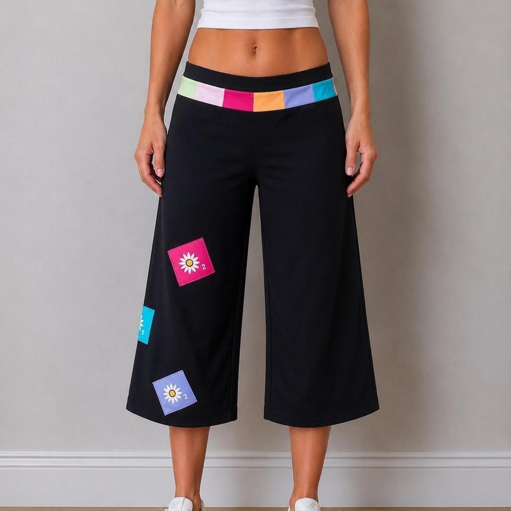 Rare Y2K Wide Leg Culotte Capri Colourful Patchwork Applique‎ Women 2 Sporty